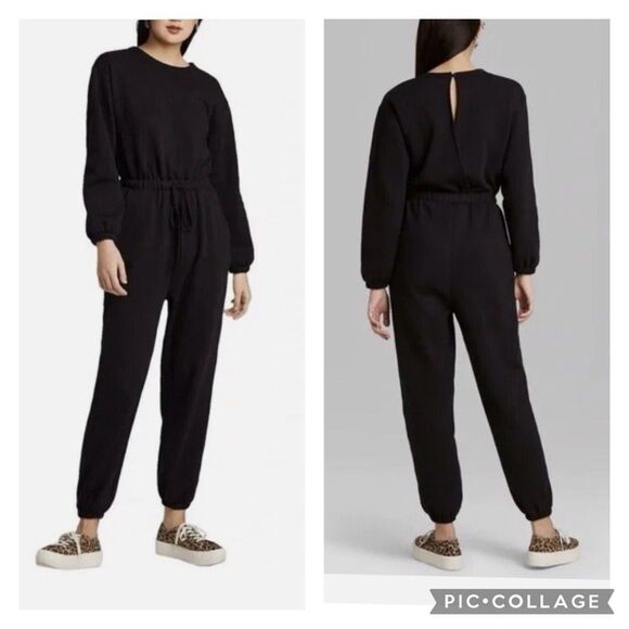 Wild Fable Black Fleece Jumpsuit One Piece Elastic Waist Size Large - Picture 1 of 16